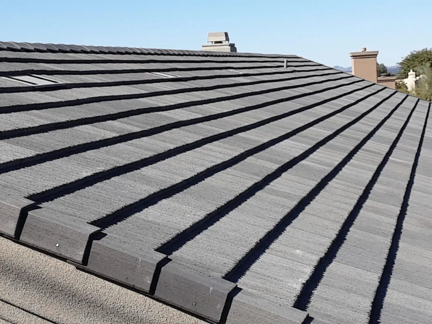 A close-up of the tile roofing on the house